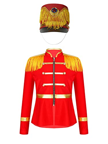 CHICTRY Unisex Girls Boys Long Sleeve Front Zipper Tassels Marching Band Uniform Majorette Jacket with Hat