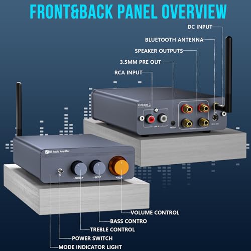 Bluetooth 5.4 Amplifier, 300W x2 Wireless Mini Amplifier Home Audio Stereo, TPA3255 2 Channel Class d amp Integrated Receiver with Bass Treble Control for Passive Speakers