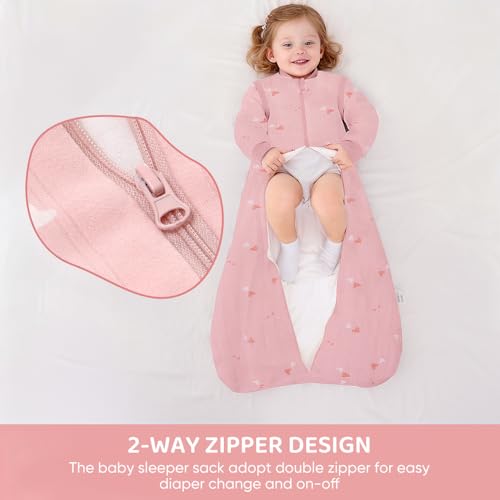 Image of Baby Sleep Sack, TOG 2.5 Winter Wearable Blanket, Removable Long Sleeves Baby Sleeping Bag for Infants and Toddlers, Super Soft Warm Comfortable Sleeping Sack, Pink Heart, 6-18M
