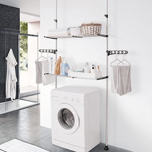 Verstellbares Teleskop-Badregal – 2-stöckiges Metallregal für über der Toilette, Boden-zu-Deckenregal mit Aufhängerhaken