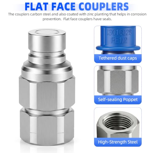 Image of 1 /2'' NPT Flat Face Hydraulic Quick Connect Couplers /Couplings Set w /Dust Caps ISO 16028 Standard, Skid Steer Bobcat 1 /2 Body Quick Disconnect 2Set