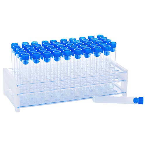 Ackers Science 50 Tube - 16x100mm Clear Plastic Test Tube Set with Caps and Rack