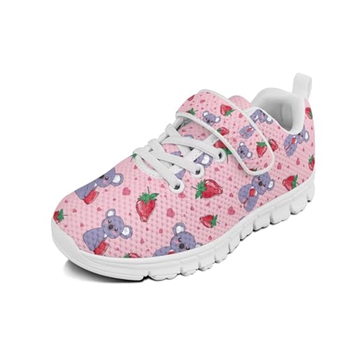 Little Kid Tennis Shoes Slip On Boys Girls Sneakers Casual Running Shoes Woven Breathable with Soft Soled Sports Hook-Loop Outdoor Shoes Koala Strawberry Pattern（White Sole）