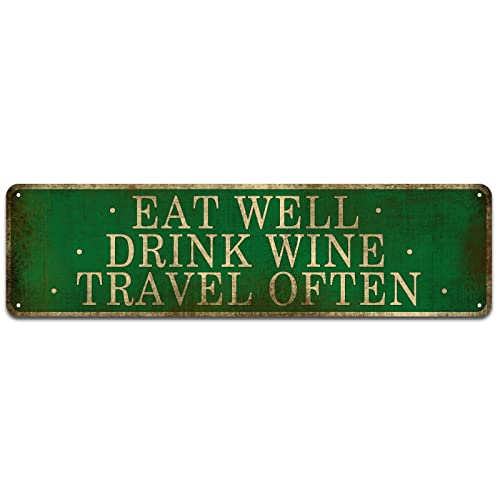 CIVOTIL Funny Signs - Eat Well Drink Wine Travel Often Sign 4"x16", Modern Farmhouse Decor for Kitchen, Kitchen Decor with Quotes, Farmhouse Kitchen Wall Sign