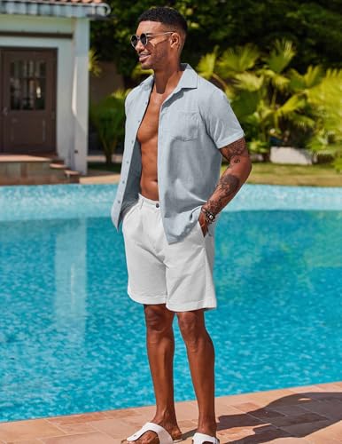 Image of COOFANDY Men's Button Down Shirts Short Sleeve Casual Shirts Summer Beach Linen Shirts with Pocket