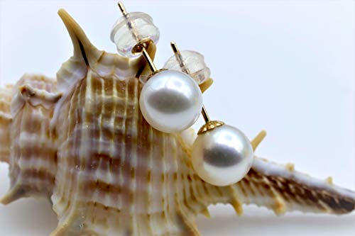 Chaulri 14K Solid Real Gold Cultured White Pearl Stud Earrings - Birthday Anniversary Jewelry Gifts For Women (8.0-8.5Mm) #TOP3