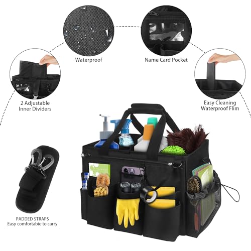 Large Cleaning Caddy Tote with Removable Divider, Heavy-Duty Wearable Apron Organizer with Pockets for Housekeeping, Cleaning Supplies, Tools (Black)4