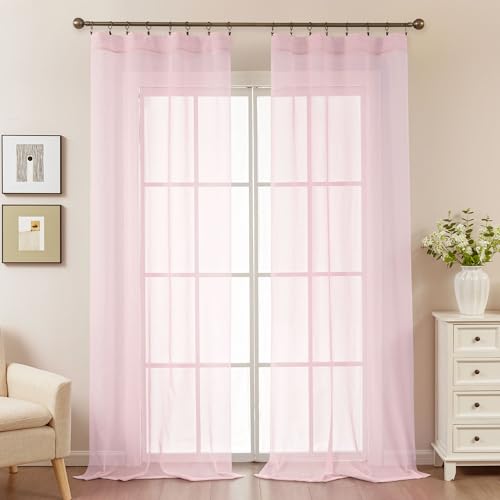 Image of Pink Sheer Curtains 108 Inches Extra Long, Privacy Semi Sheer Curtains for Living Room Bedroom, Light Filtering Rod Pocket Voile Window Drapes 2 Panels Set, Each 42 inch W x 108 inch L