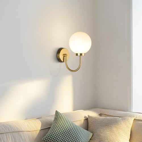 Image of Mid Century Wall Mounted Light Fixture 1 Light Vintage Gold Sconces Wall Lighting White Glass Globe Antique Brass Wall Lamp for Living Room Bedside Stairs Bathroom Mirror MCL12GD-1 (1pack)