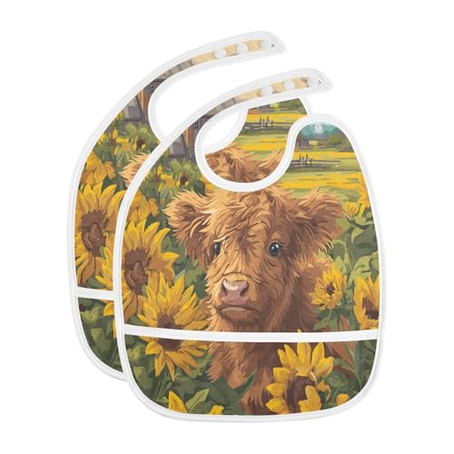 MCHIVER Yellow Sunflowers Cow Baby Bibs for Boys Girls Toddlers Waterproof Feeding Bib Apron with Food Cather Adjustable Cotton Food Eating Bib 2 Pack