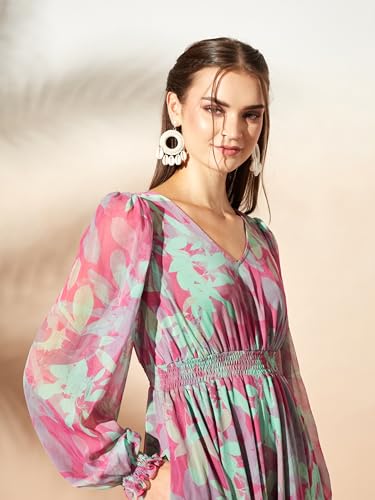 Image of Miss Chase Women's Multicolored-Base-Brown Relaxed Fit Maxi Lurex Chiffon Dress