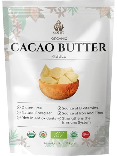 Organic Cacao Butter Kibble | Food-Grade Cocoa Butter Chunks | USDA Organic Gluten-Free | For Baking Chocolate Making & Skincare | 8 oz