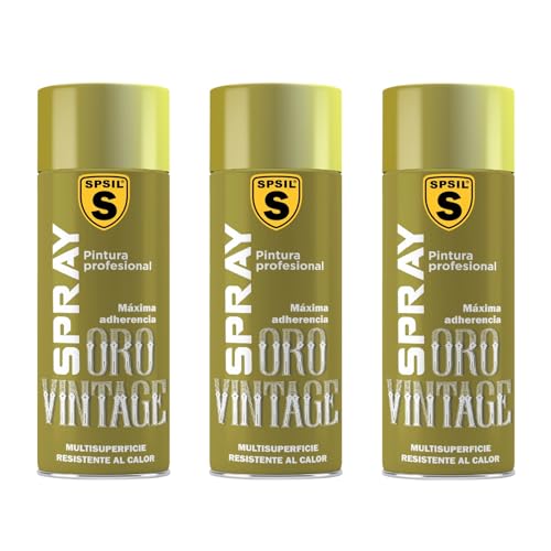 SPSIL Pintura Spray para Metal Secado Rápido Oro Vintage pack of 3 400ml Profesional Interior Exterior