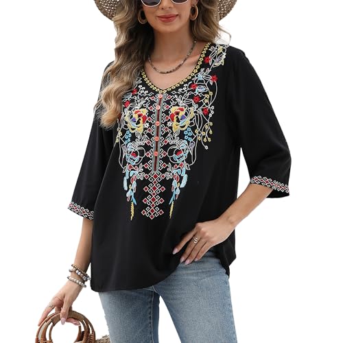 AK Women's Boho Embroidered Tops 3/4 Sleeve Mexican Peasant Shirts