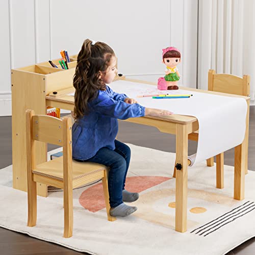 Kids Art Table, Wooden Kids Craft Table For Playroom, Kids Activity Table With 2 Chairs, 4 Storage Baskets, 2 Rows Of Storage Racks And Paper Rolls (Wood) #TOP8