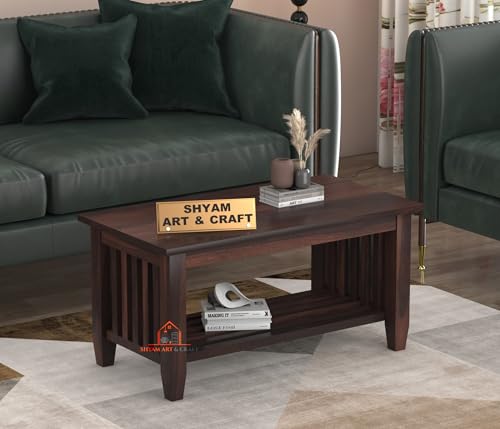 Image of SHYAM ART & CRAFT Wooden Center Coffee Table with Storage Shelf for Living Room & Office | Tea Stand | Sofa Furniture Unit (86x46x46 cm) | Walnut Finish