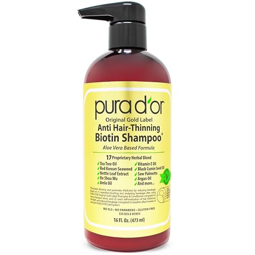 PURA D’OR 16 Oz Original Gold Label Anti-Thinning Biotin Shampoo Natural Earthy Scent, CLINICALLY TESTED Effective Results, Herbal DHT Blocker Hair Thickening Products, Women & Men, Color Treated Hair
