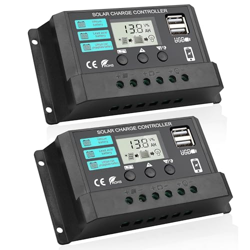 2 Boîtes 30A Contrôleur de charge de la batterie solaire 12V 24V PWM Chargeur Régulateur Intelligent Auto avec Dual USB Ports/LCD Affichage/Paramètre réglable/Détermination du minuteur/Modes de charge multiples et protections Noir