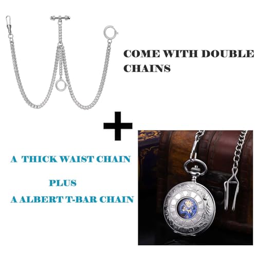 Image of ManChDa Mechanical Roman Numerals Dial Skeleton Pocket Watches with Box and Chains for Mens Women