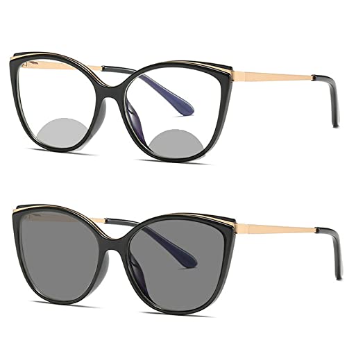 Transition Photochromic bifocal Cat Eye Progressive Multifocal Presbyopic Reading Glasses Sunglasses for Women Readers (black, 1.5, multiplier_x)