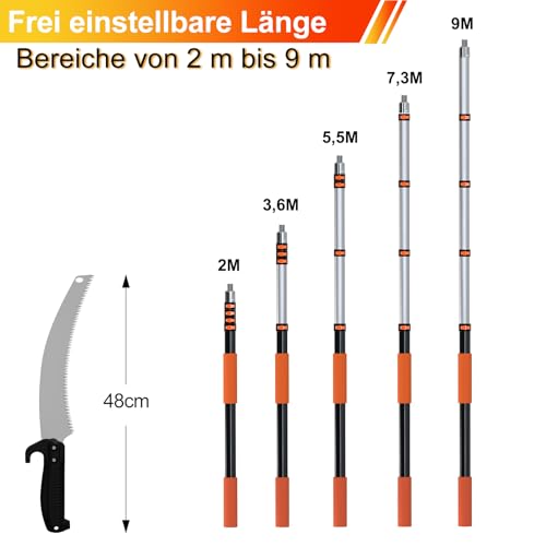 LAANPOLE 9m Astsäge Teleskop für Baumbeschneidung, Säge mit 2-9m Teleskopstange Manuelle hochentaster, Baumsäge Teleskop für Gärten, Forstwirtschaft, Landwirtschaft