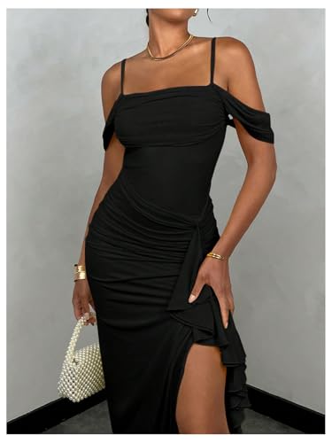 Floerns Women's Summer Long Dress Cold Shoulder Ruffle Slit Hem Going Out Party Sexy Bodycon Maxi Dresses4