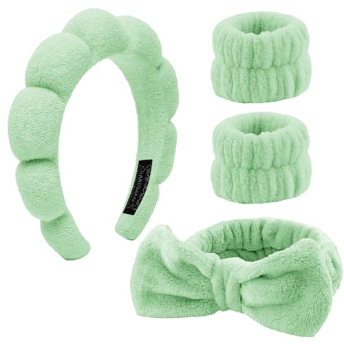 4 Stück Haarband Kosmetik,Spa Stirnband Make Up Schwamm Set Damen, Hautpflege Stirnband Waschen Gesicht Wristband Set Für Frauen Schönheit Mädchen Yoga Sport Dusche Make-up-Entfernung (Grün)