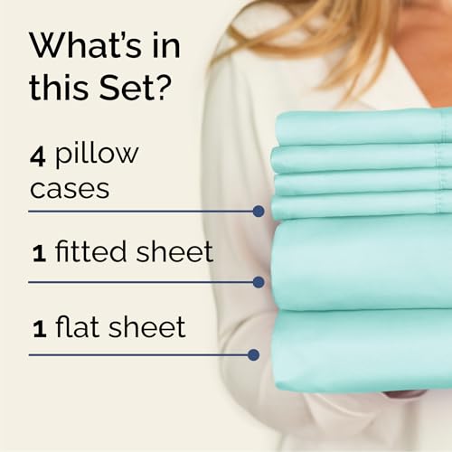 Image of Cal King 6 Piece Bed Sheet Set - Breathable & Cooling Sheets - Spa Blue | Ultra-Soft Hotel Luxury Bedding Set with 8-16 Inch Deep Pockets, 1 Flat & 1 Fitted Sheet & 4 Pillowcases, Wrinkle & Fade Free