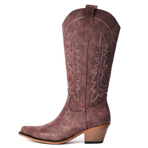 Image of Women's Pointed Toe Mid Calf Cowboy Boots - Cowgirl Boots with Chunky Heel