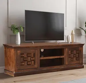 BADHEE Sheesham Wood Tv Unit With 2 Cabinet 2 Drawer & Shelf Storage Tv Stand Floor Standing Entertainment Cabinet For Living Room Hall Home Decor (Natural Brown)