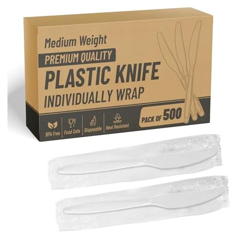 Individually Wrapped White Plastic Knives 500 Pcs - Medium Weight - Ideal for House Party, Backyard BBQ, Picnic, Home, Use.…… Cover