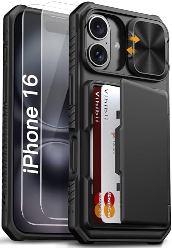 Image of Vihibii for iPhone 16 Case with [2X Screen Protector], Built-in Card Holder (4 Cards), [RFID Blocking] & Slide Camera Cover & Tempered Glass Films, Rugged Wallet Case for 16 6.1 inch 2024, Black