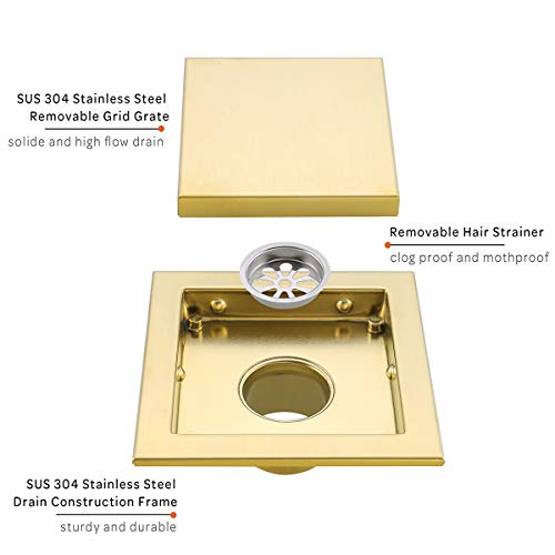 RANDOM 6-inch SUS304 Stainless Steel Square Shower Floor Drain with Tile Insert Grate Removable Multipurpose Invisible Look or Flat Cover,Brushed Stainless. (Brushed Gold)