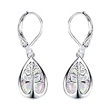 925 Sterling Silver Jewelry Exquisite Water Drop Blue White Fire Opal Life Tree Dangle Earrings For Women Tree of Life Earrings Opal Leverback Drop Earring White Gold Plated (White)