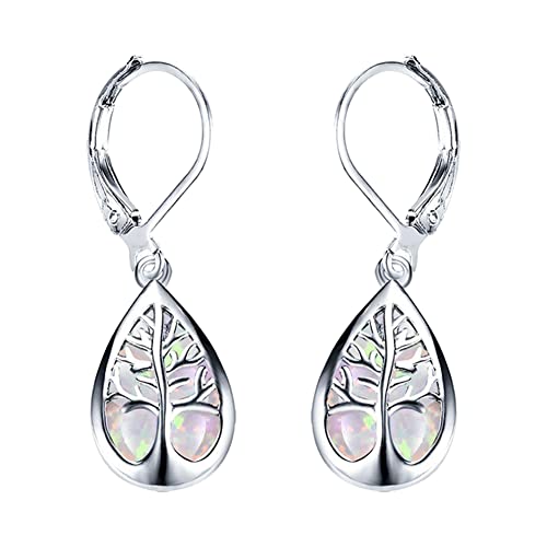 925 Sterling Silver Jewelry Exquisite Water Drop Blue White Fire Opal Life Tree Dangle Earrings For Women Tree of Life Earrings Opal Leverback Drop Earring White Gold Plated (White)