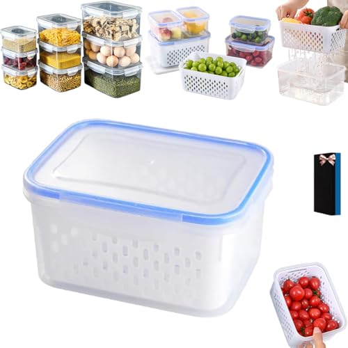 Structuref - Caja de almacenamiento de alimentos de plástico transparente para el hogar, incluye cesta de drenaje, contenedores portátiles a prueba de fugas para almacenamiento de frutas y verduras