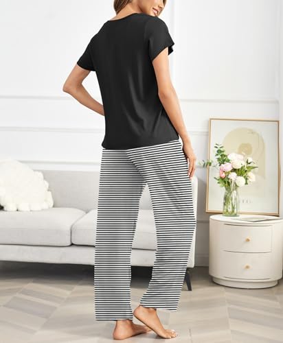 Image of Ekouaer Pajama Sets for Women Round Neck Pjs Short Sleeve Sleepwear with Long Pants Loose Lounge Sets