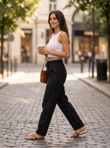 Image of THUMBA Women's Cotton Linen Wide Leg Pants | Elastic Waist Relaxed Fit Trousers | Breathable Summer Palazzo Pant with Pockets| Casual Office Travel Wear