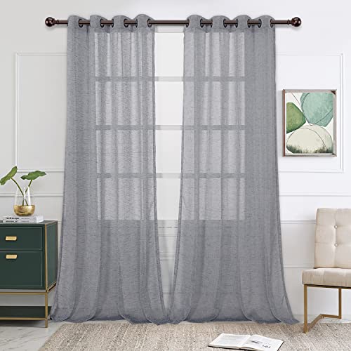 BONZER Burlap Linen Sheer Curtains for Living Room - Grommet Top Sheer Drapes 120 inches Length Light Filtering Voile Window Curtain for Bedroom, Set of 2 Panels (54 x 120 Inch, Grey)