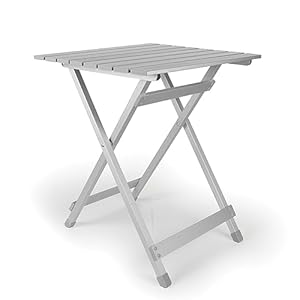 Camco Large Aluminum Side Table Features Easy Setup Supports Up to 110lbs 195 L x 20 W x 2425 H Great for Camping RVing More Folds to 2 W for RV Storage and Organization 51891