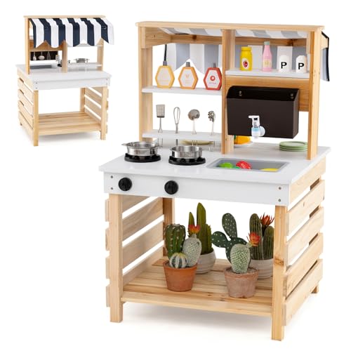 FANTASK Cucina per bambini a partire dai 3 anni (natura) in legno di abete con tetto e 6 accessori