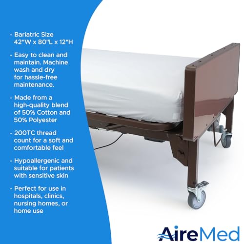 AireMed Bariatric Fitted Hospital Bed Sheets (2 Pack) - 42\" x 80\" x 12\" Deep Pocket for All Medical Foam & Air Mattresses & Overlays - Wrinkle-Free, Easy Care - Soft & Comfy Classic White Sheets