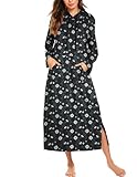 Ekouaer Nightgowns for Women Cotton Nightgown Long Sleeve Hooded Night Gown Contrast Color Full Length Loungewear with Pocket Navy Flowers L
