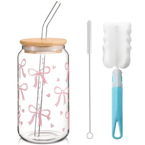 LINYIJOY Glas Trinkbecher mit Deckel und Strohhalm, 16 oz Trinkgläser Bubble Tea Becher Iced Coffee Glas, Rosa Schleife Glasbecher Bow Glasbecher Vielseitiges Trinkglas für Kaffee, Cocktails und Mehr