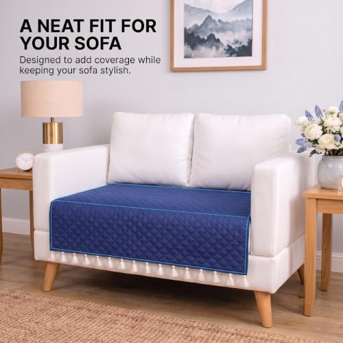Image of BSB HOME 300 TC Premium Sofa Cover, Quilted Sofa Seat Cover with Decorative Tassels, Soft Comfortable Couch Protector, Stylish Furniture Cover for Living Room, 60 x 48 Inches (152 x 122cm) - Teal Blue