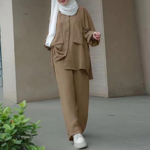 Image of ODIZLI Muslim Long Sleeve Blouse Wide Leg Pants Suits Autumn Solid Abaya Women Matching Sets 2PCS Tracksuits Turkey Kaftan