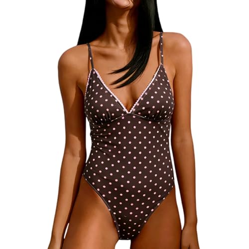Sreakeio One Piece Polka Dot Swimsuit for Women Deep V-Neck Full Coverage Bathing Suits Ruffle Trim Tummy Control Swimsuit (Brown M)