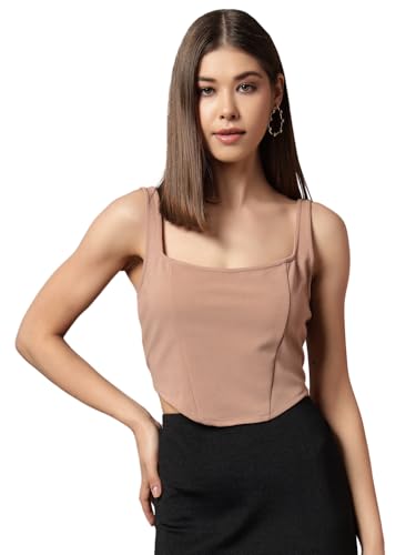 Image of Trend Arrest.ed Women's Stretchable Corset Style Crop Top | Square Neck Sleeveless Zipper Back Body-Hugging Fit | Casual