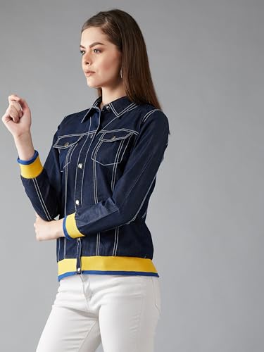 Image of Miss Chase Women's Polo Neck Full Sleeves Patch Pocket Denim Overcoat Knee-Length Jacket
