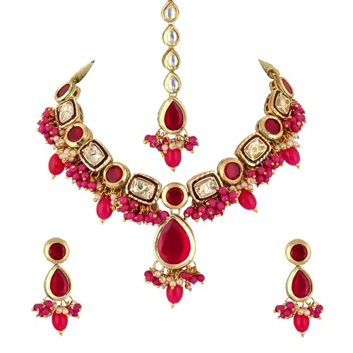 Image of Lucky Jewellery Meenakari 18k Gold Plated Tika Earring Combo Uncut Big Faux Kundan Choker Necklace set